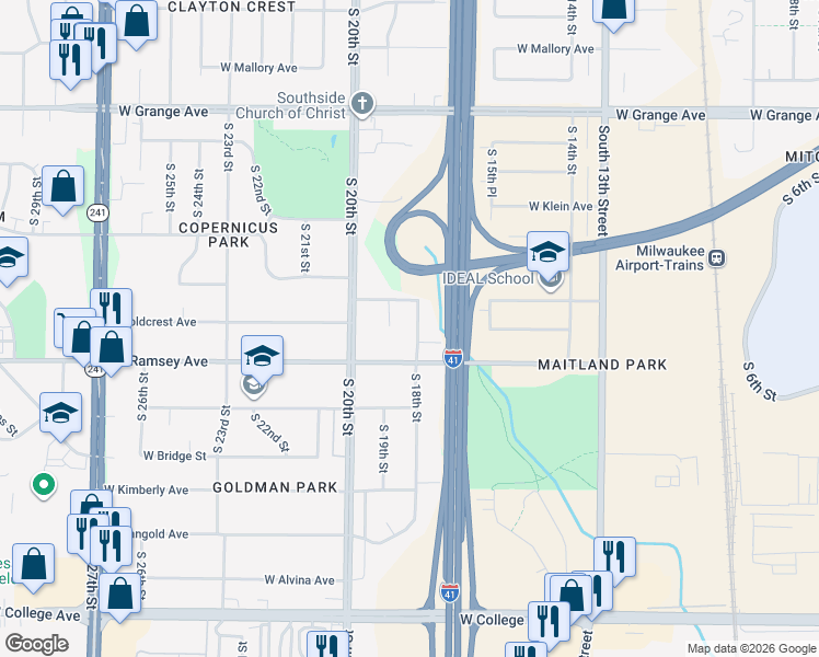 map of restaurants, bars, coffee shops, grocery stores, and more near 5820 South 19th Court in Milwaukee