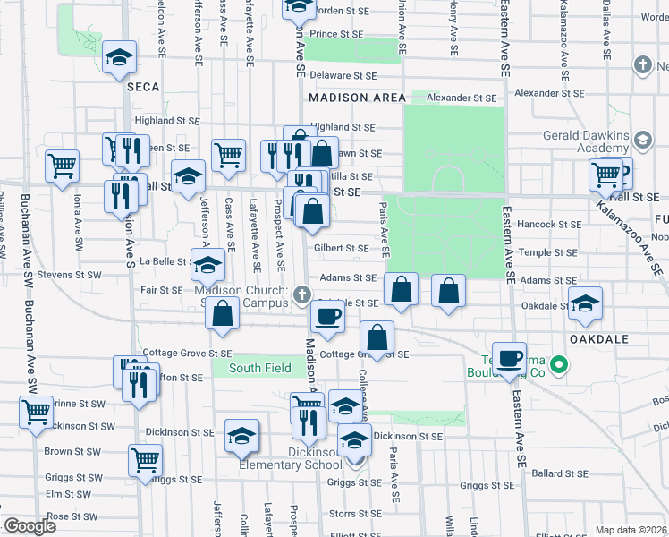 map of restaurants, bars, coffee shops, grocery stores, and more near 430 Gilbert Street Southeast in Grand Rapids