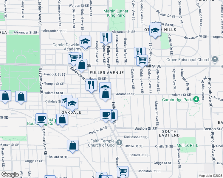 map of restaurants, bars, coffee shops, grocery stores, and more near 1321 Fuller Avenue Southeast in Grand Rapids