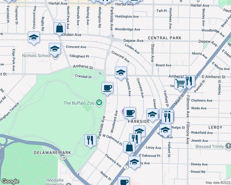 map of restaurants, bars, coffee shops, grocery stores, and more near in Buffalo