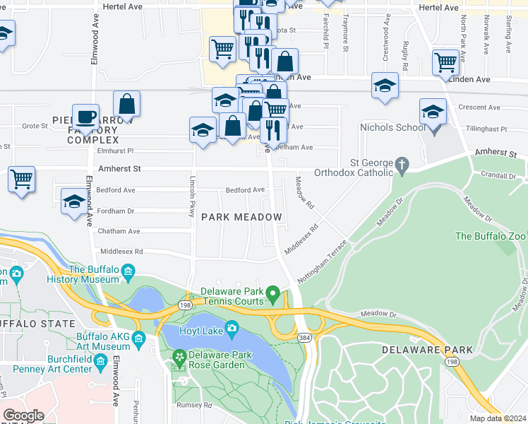 map of restaurants, bars, coffee shops, grocery stores, and more near 89 Dana Road in Buffalo