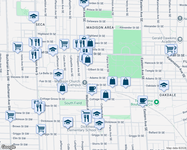 map of restaurants, bars, coffee shops, grocery stores, and more near 430 Gilbert Street Southeast in Grand Rapids