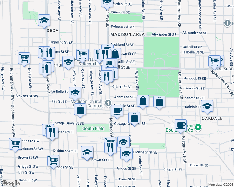 map of restaurants, bars, coffee shops, grocery stores, and more near 430 Gilbert Street Southeast in Grand Rapids