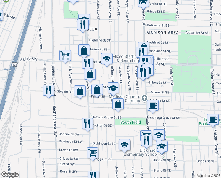 map of restaurants, bars, coffee shops, grocery stores, and more near 1318 Jefferson Avenue Southeast in Grand Rapids