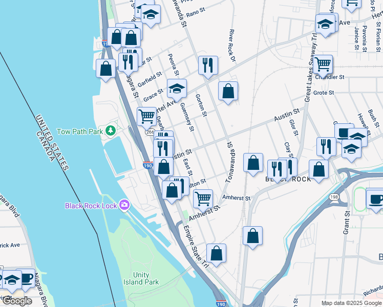 map of restaurants, bars, coffee shops, grocery stores, and more near 93 Austin Street in Buffalo