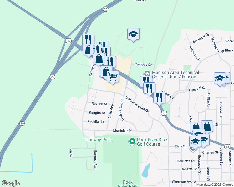 map of restaurants, bars, coffee shops, grocery stores, and more near 1503 Commonwealth Drive in Fort Atkinson