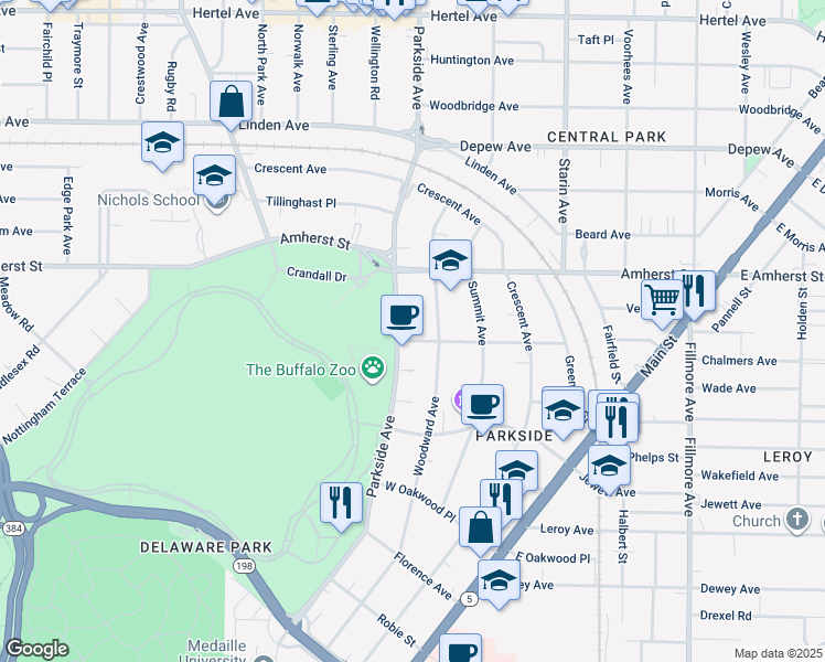 map of restaurants, bars, coffee shops, grocery stores, and more near 14 Russell Street in Buffalo