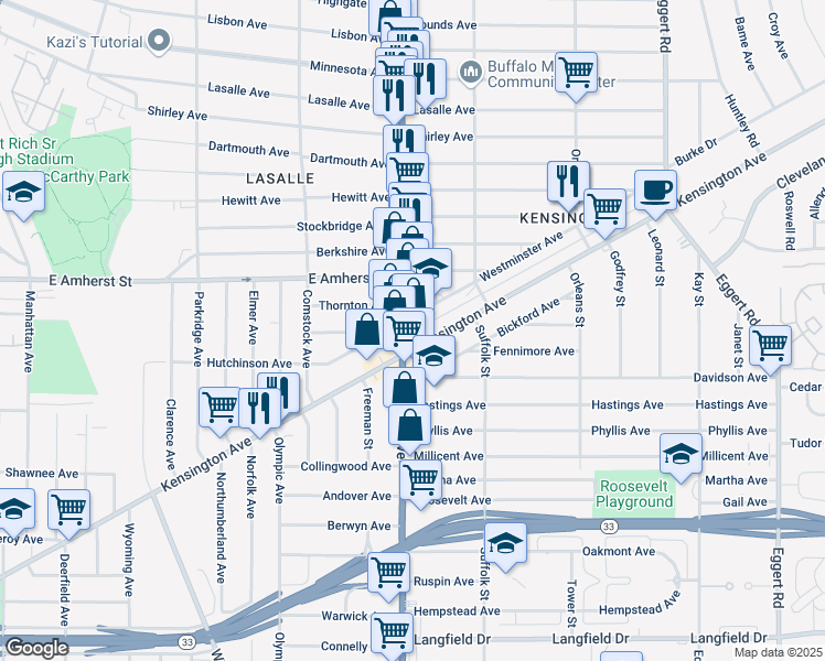 map of restaurants, bars, coffee shops, grocery stores, and more near 21 Westminster Avenue in Buffalo