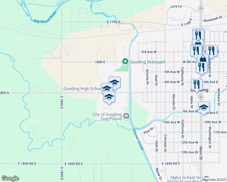 map of restaurants, bars, coffee shops, grocery stores, and more near 1142 East 1800 South in Gooding
