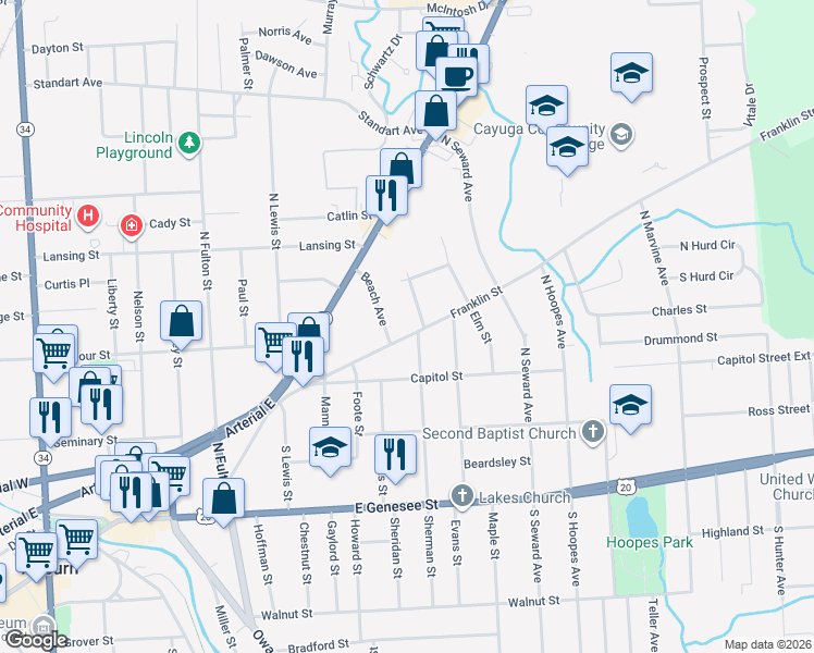 map of restaurants, bars, coffee shops, grocery stores, and more near 6 Beach Avenue in Auburn