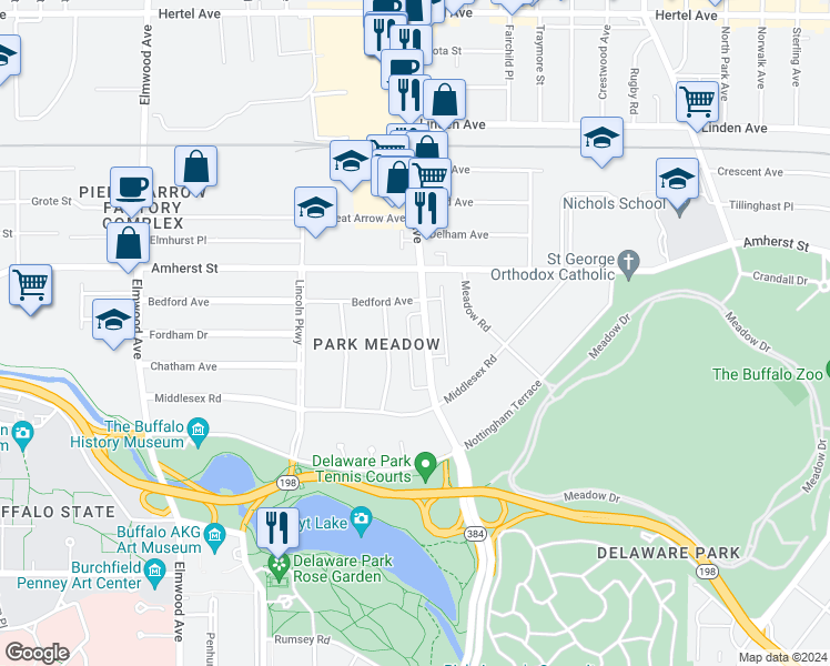 map of restaurants, bars, coffee shops, grocery stores, and more near 89 Dana Road in Buffalo
