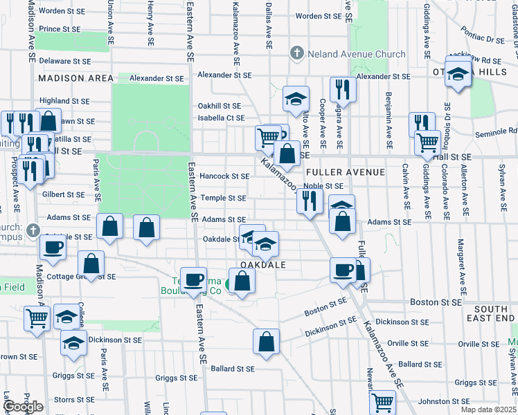 map of restaurants, bars, coffee shops, grocery stores, and more near 940 Temple Street Southeast in Grand Rapids