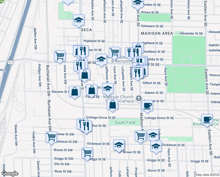 map of restaurants, bars, coffee shops, grocery stores, and more near 1318 Jefferson Avenue Southeast in Grand Rapids