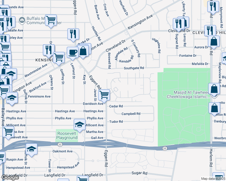 map of restaurants, bars, coffee shops, grocery stores, and more near 29 Kendale Road in Cheektowaga
