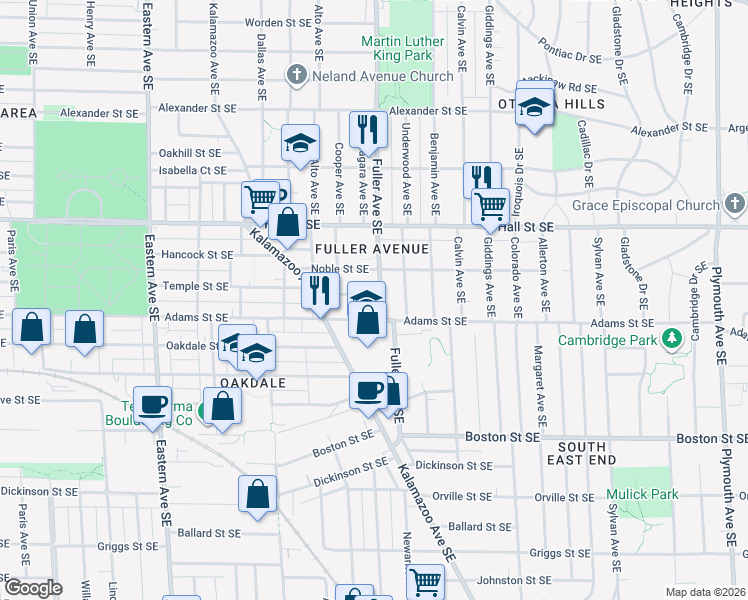 map of restaurants, bars, coffee shops, grocery stores, and more near 1321 Fuller Avenue Southeast in Grand Rapids
