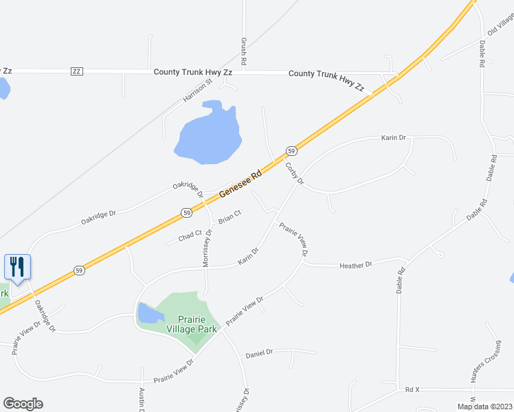 map of restaurants, bars, coffee shops, grocery stores, and more near 411 Brian Court in North Prairie