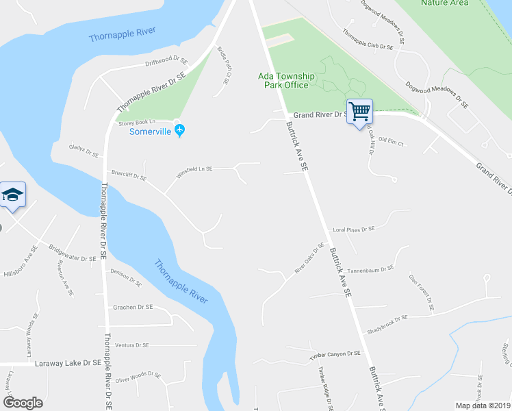 map of restaurants, bars, coffee shops, grocery stores, and more near 1507 Briarcliff Drive Southeast in Grand Rapids