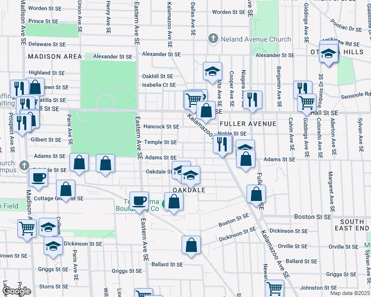 map of restaurants, bars, coffee shops, grocery stores, and more near 940 Temple Street Southeast in Grand Rapids