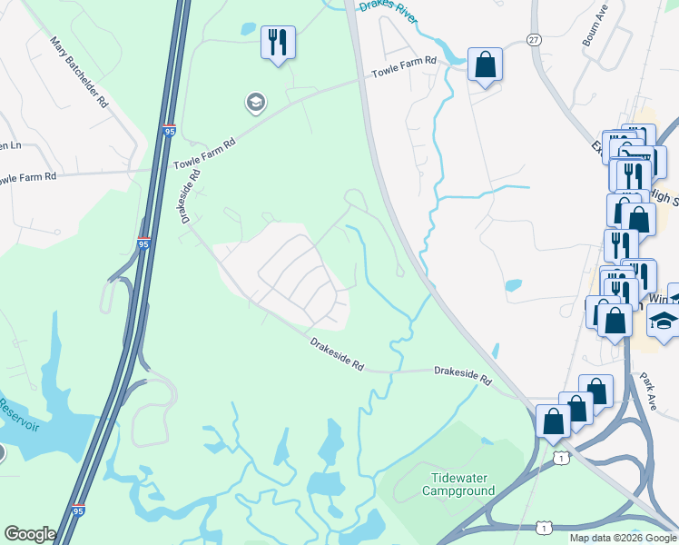 map of restaurants, bars, coffee shops, grocery stores, and more near 26 Hampton Meadows in Hampton