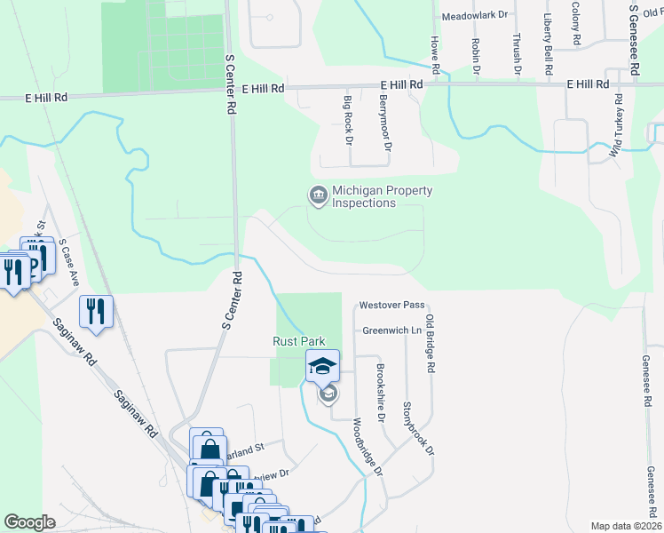 map of restaurants, bars, coffee shops, grocery stores, and more near 4133 Oak Street in Grand Blanc