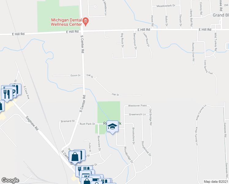 map of restaurants, bars, coffee shops, grocery stores, and more near 4133 Oak Street in Grand Blanc