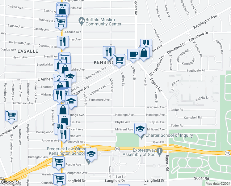 map of restaurants, bars, coffee shops, grocery stores, and more near 175 Orleans Street in Buffalo