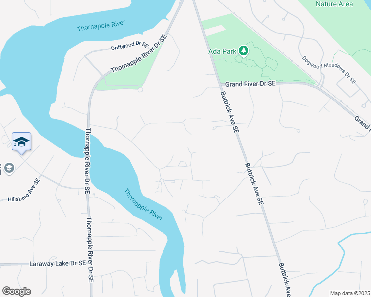 map of restaurants, bars, coffee shops, grocery stores, and more near 1507 Briarcliff Drive Southeast in Grand Rapids