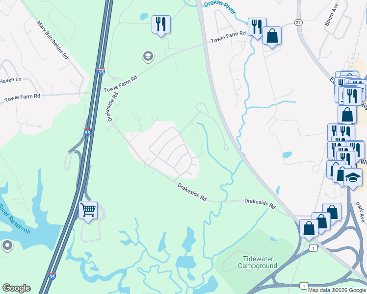map of restaurants, bars, coffee shops, grocery stores, and more near 26 Hampton Meadows in Hampton