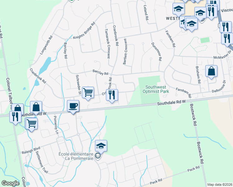 map of restaurants, bars, coffee shops, grocery stores, and more near 947 Adirondack Road in London