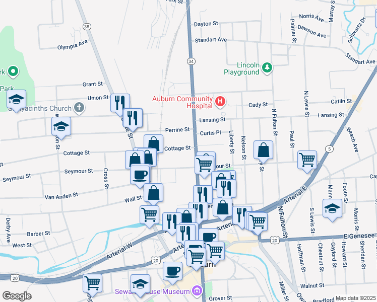 map of restaurants, bars, coffee shops, grocery stores, and more near 4 Cottage Street in Auburn