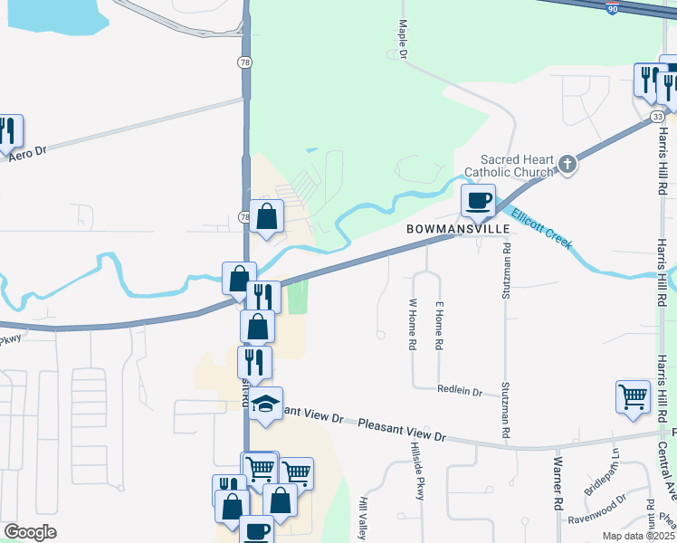 map of restaurants, bars, coffee shops, grocery stores, and more near 5195 Genesee Street in Bowmansville