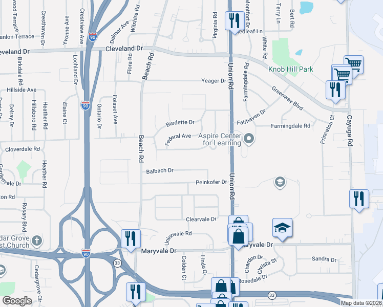 map of restaurants, bars, coffee shops, grocery stores, and more near 719 South Huth Road in Buffalo