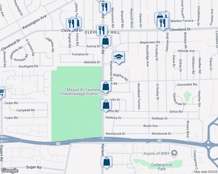 map of restaurants, bars, coffee shops, grocery stores, and more near 25 Mapleview Road in Cheektowaga