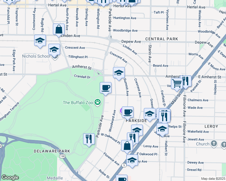 map of restaurants, bars, coffee shops, grocery stores, and more near in Buffalo