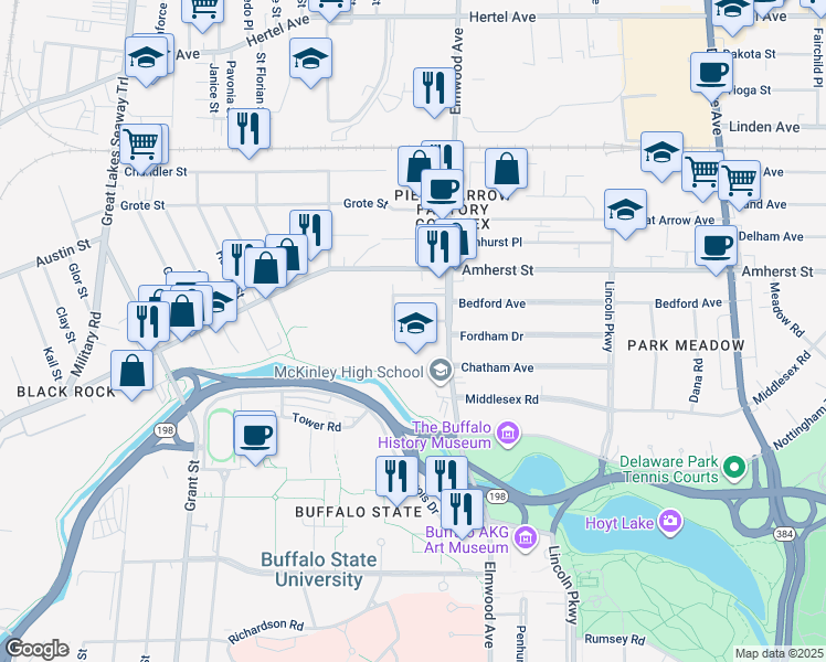 map of restaurants, bars, coffee shops, grocery stores, and more near 46 Elmview Place in Buffalo