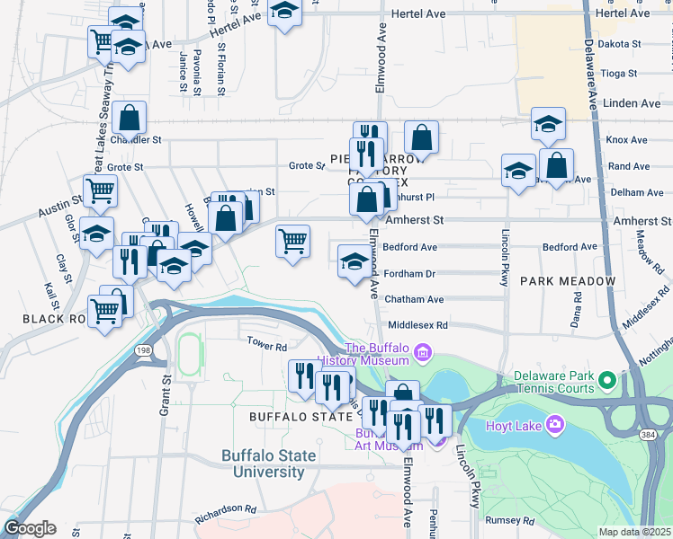 map of restaurants, bars, coffee shops, grocery stores, and more near 46 Elmview Place in Buffalo