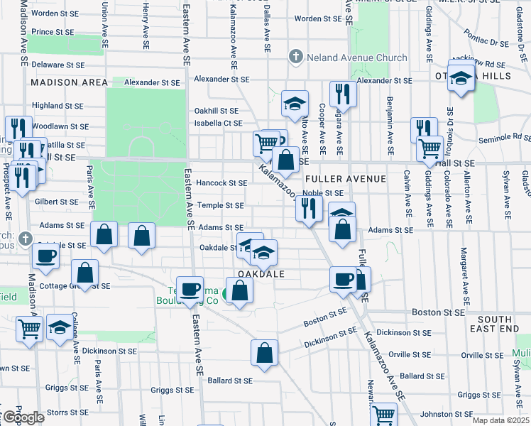 map of restaurants, bars, coffee shops, grocery stores, and more near 1016 Temple Street Southeast in Grand Rapids