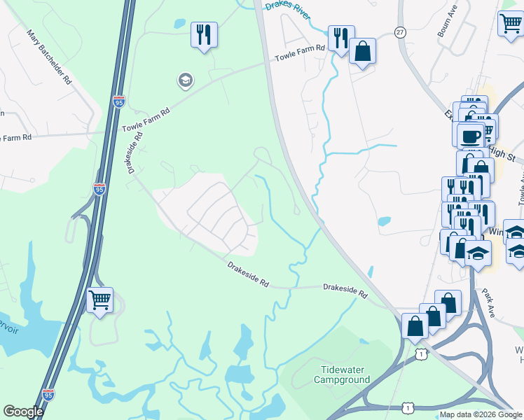 map of restaurants, bars, coffee shops, grocery stores, and more near 80 Hampton Meadows in Hampton