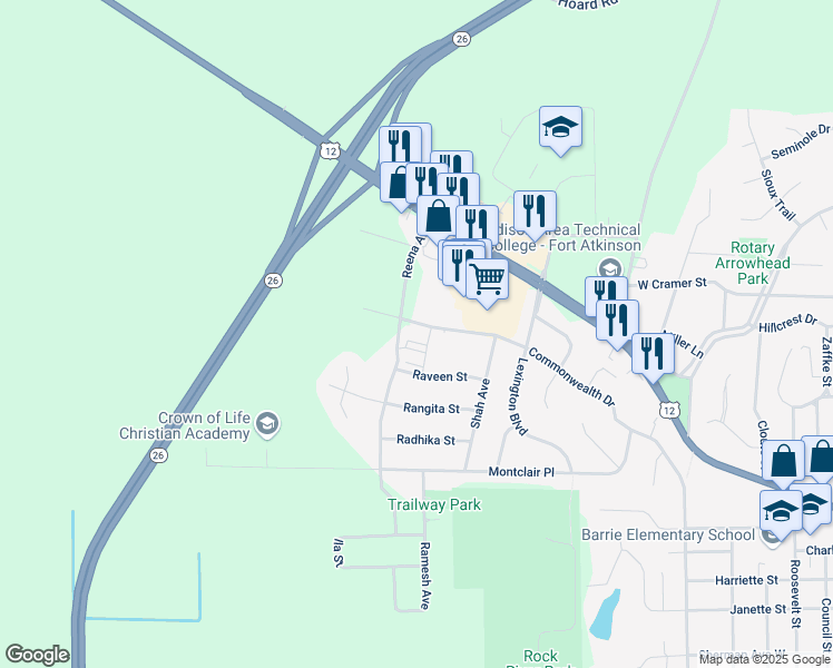 map of restaurants, bars, coffee shops, grocery stores, and more near 1555 Commonwealth Drive in Fort Atkinson