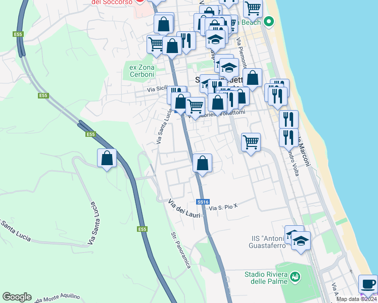 map of restaurants, bars, coffee shops, grocery stores, and more near 32 Via della Liberazione in San Benedetto del Tronto