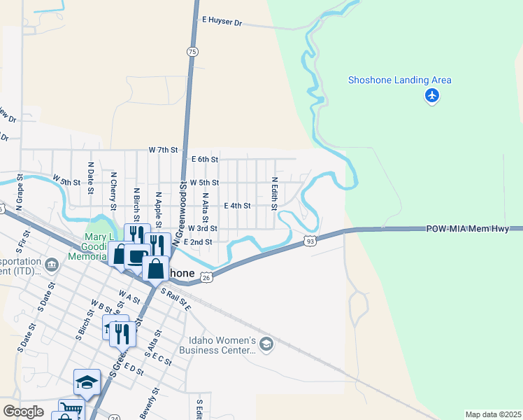 map of restaurants, bars, coffee shops, grocery stores, and more near 324 North Dorothy Street in Shoshone