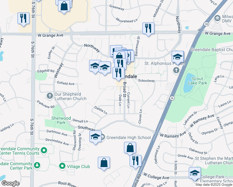 map of restaurants, bars, coffee shops, grocery stores, and more near in Greendale