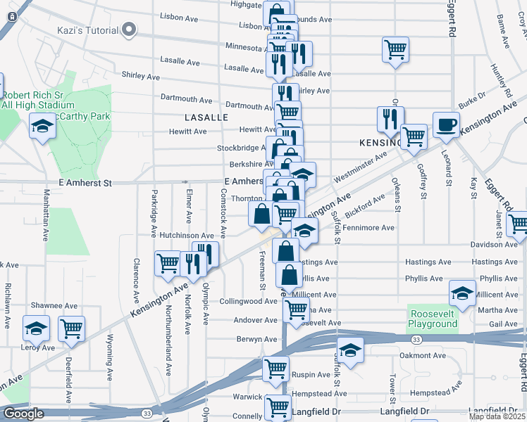map of restaurants, bars, coffee shops, grocery stores, and more near 62 Midway Avenue in Buffalo