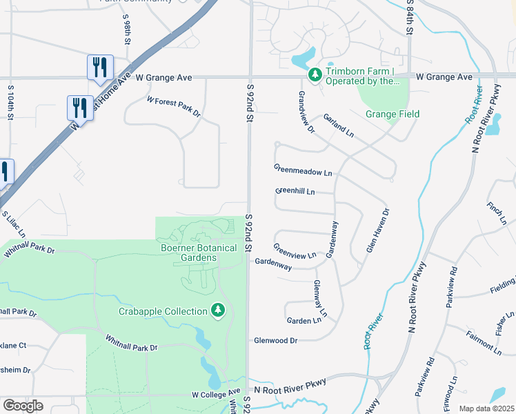 map of restaurants, bars, coffee shops, grocery stores, and more near 8851 Greenhill Lane in Greendale