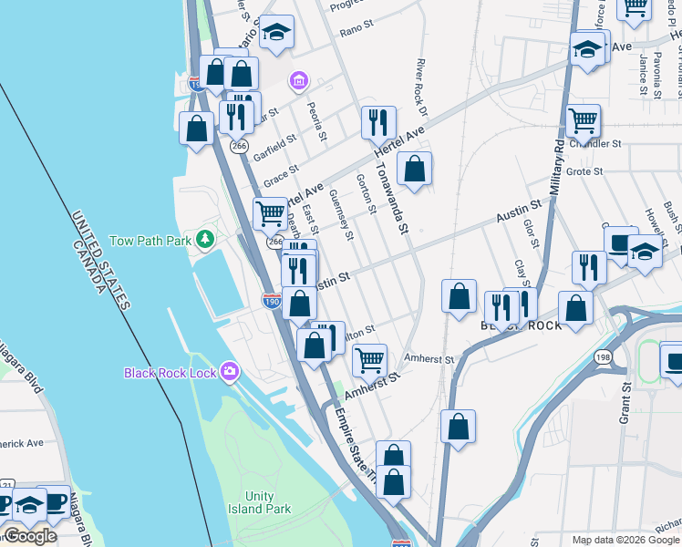 map of restaurants, bars, coffee shops, grocery stores, and more near 96 Austin Street in Buffalo