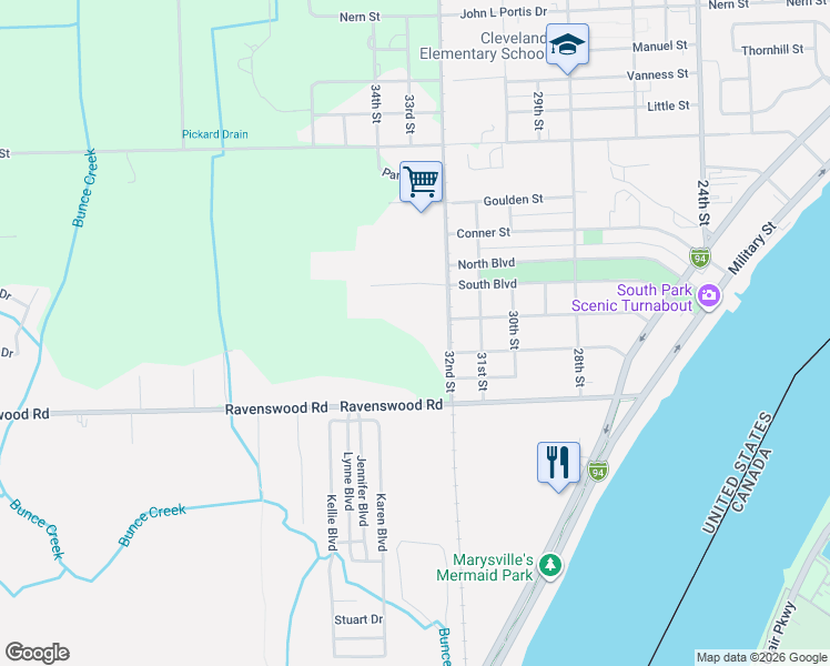 map of restaurants, bars, coffee shops, grocery stores, and more near 3905 32nd Street in Port Huron
