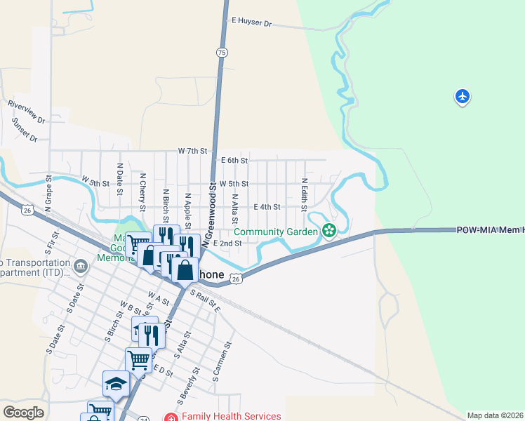 map of restaurants, bars, coffee shops, grocery stores, and more near 323 North Carmen Street in Shoshone