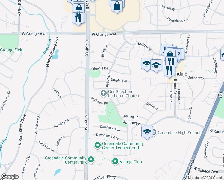 map of restaurants, bars, coffee shops, grocery stores, and more near 7255 Elberton Avenue in Greendale