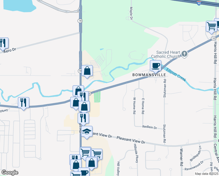 map of restaurants, bars, coffee shops, grocery stores, and more near 5195 Genesee Street in Erie County
