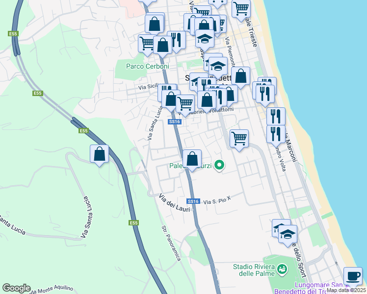 map of restaurants, bars, coffee shops, grocery stores, and more near 32 Via Liberazione in San Benedetto del Tronto